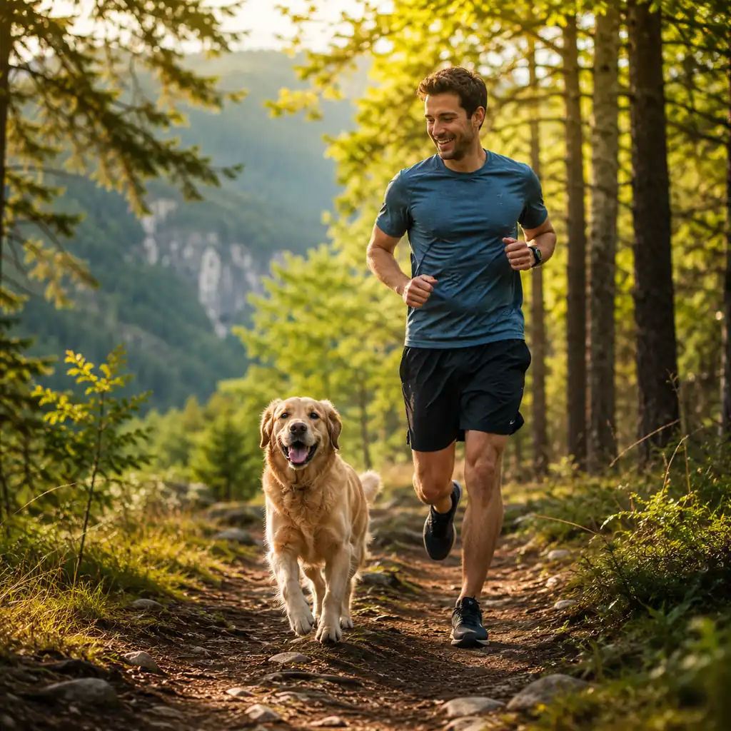 Homme courant en forêt avec un chien, illustrant le sport, les animaux et les loisirs nature.
