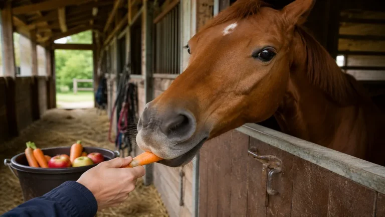 Cheval mangeant une carotte donnée à la main dans une écurie.
