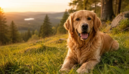 Chien golden retriever allongé dans l’herbe au coucher du soleil, en pleine nature.