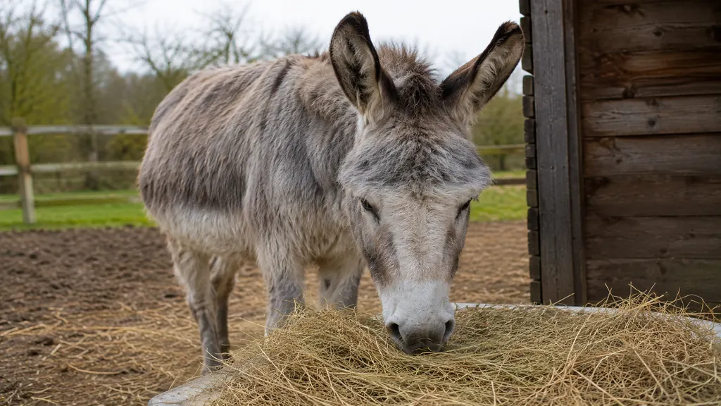 Âne gris mangeant du foin dans un paddock près d’un abri en bois.