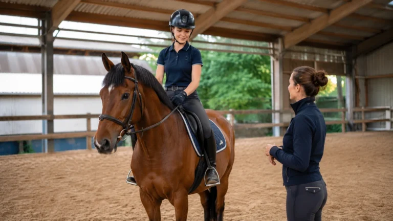Cours d’équitation avec une cavalière débutante encadrée par une monitrice dans un manège équestre.