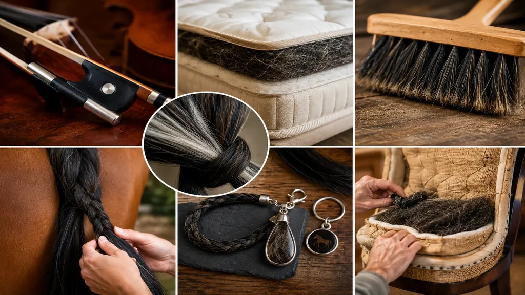 Usages artisanaux du crin de cheval avec archet de violon, brosse, bijou tressé et rembourrage naturel.