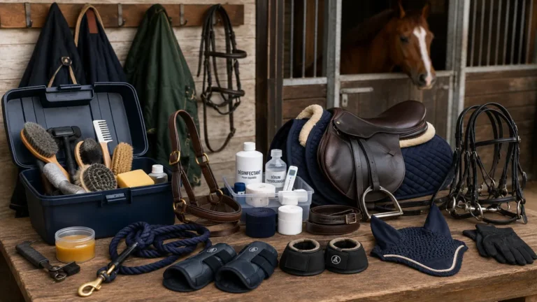 Matériel cheval organisé dans une sellerie avec boîte de pansage, licol, longe, selle, filet et trousse de soins.