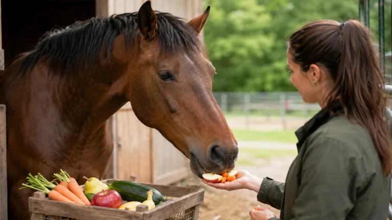 Cheval recevant une friandise naturelle avec pomme et carotte dans une écurie.