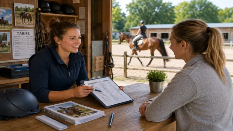 Monitrice présentant les modalités d’inscription à une cavalière dans l’accueil d’un centre équestre avec cours en arrière-plan.