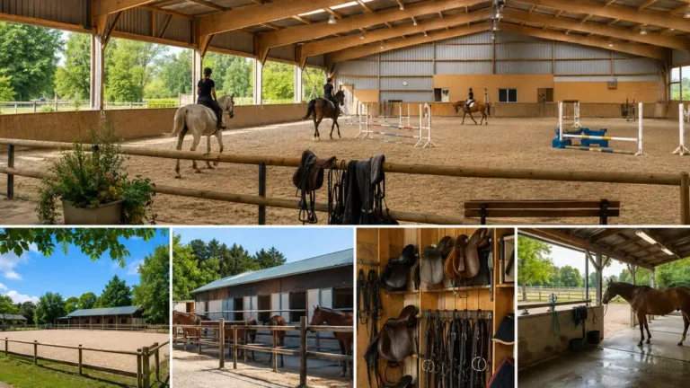 Installations équestres modernes avec manège couvert, carrière extérieure, sellerie et espaces de préparation des chevaux.