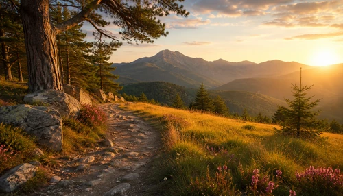 Paysage de montagne avec sentier en pleine nature au coucher du soleil.