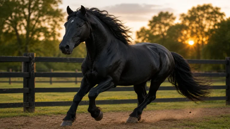 Cheval noir majestueux galopant dans un paddock au coucher du soleil pour illustrer des idées de noms.