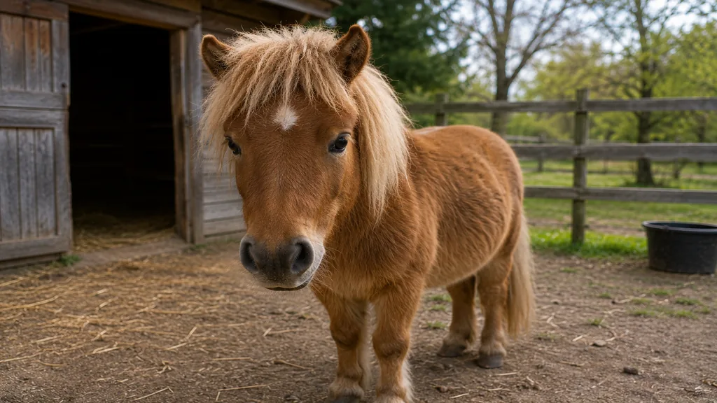 Petit poney alezan dans un paddock près d’une écurie pour illustrer des idées de noms de poney.