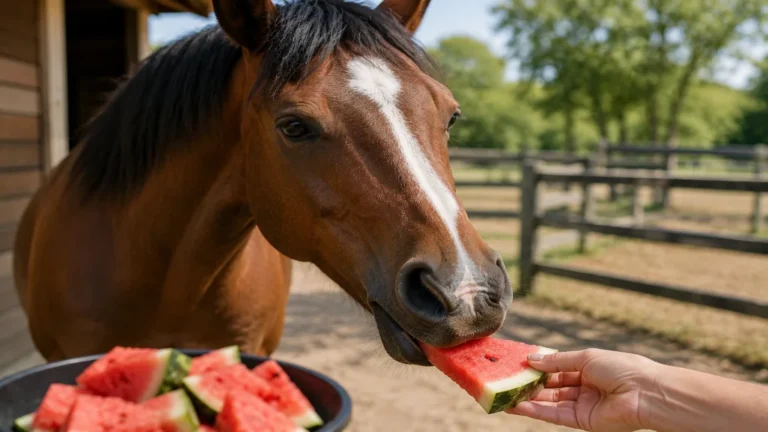 Cheval mangeant un morceau de pastèque donné à la main près d’un paddock en été.