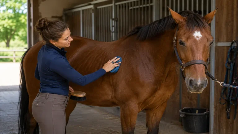 Cavalière brossant le pelage brillant d’un cheval dans une écurie pour entretenir ses poils et ses crins.
