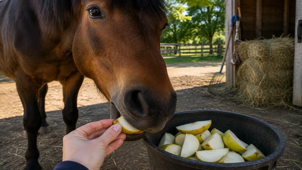 Un cheval peut tout à fait manger de la poire. C'est un fruit apprécié, facile à distribuer et bien toléré par la plupart des équidés en bonne santé. Mais comme toute friandise cheval, la poire doit rester occasionnelle et être donnée avec bon sens. Voici les quantités à respecter, les bénéfices que vous pouvez en attendre et les risques à ne pas ignorer. Ce qu'apporte la poire à un cheval La poire est composée à plus de 80 % d'eau, ce qui en fait un fruit légèrement hydratant et facile à mâcher. Elle contient des fibres douces, des vitamines (notamment C et K) et des minéraux en faible quantité. Pour un cheval, son principal intérêt reste son goût sucré et son appétence : c'est une récompense cheval naturelle, sans additif, qui renforce le lien entre le cavalier et sa monture. Comparée à d'autres fruits pour chevaux, la poire est proche de la pomme sur le plan nutritionnel, avec une teneur en sucre légèrement variable selon la variété et la maturité. La carotte reste plus intéressante au quotidien car moins sucrée et plus riche en bêta-carotène. La poire se distingue surtout par sa texture fondante, souvent appréciée des chevaux âgés ou ayant des difficultés à mâcher. Quelle quantité de poire donner à un cheval ? La quantité poire cheval dépend du gabarit et de l'état de santé de l'animal. ProfilQuantité maxFréquenceCheval sain (grand format)1 à 2 poiresOccasionnellePoney½ à 1 poireOccasionnelleCheval sensible / âgéQuelques morceauxRare, avec avis vétérinaire Pour un cheval sain de taille standard, 1 à 2 poires de temps en temps est une quantité raisonnable. Pour un poney poire, il faut réduire la portion en raison d'un métabolisme plus sensible aux sucres. Dans tous les cas, donner une poire entière cheval n'est pas recommandé : mieux vaut couper le fruit en morceaux pour éviter tout risque d'étouffement ou de bouchon œsophagien. Comment préparer la poire avant de la donner Quelques gestes simples suffisent pour distribuer la poire en toute sécurité : Laver soigneusement le fruit pour éliminer résidus de pesticides ou de saleté. Retirer les parties abîmées, moisies ou très molles. Couper en morceaux de taille adaptée à la bouche du cheval, sans les pépins en excès. Ne jamais donner une poire fermentée ou tombée depuis longtemps : la fermentation peut provoquer des troubles digestifs sévères. La poire bien mûre, juteuse mais pas pourrie, reste la meilleure option. Une poire dure et peu mûre sera moins digeste. Les risques à connaître avant de donner de la poire à un cheval Le principal risque lié à la poire est lié à sa teneur en sucre cheval. En excès, les fruits sucrés perturbent la flore intestinale du cheval et peuvent entraîner des diarrhées, des fermentations digestives, voire des coliques cheval. Un apport excessif et soudain de sucres simples peut aussi favoriser la fourbure chez les animaux prédisposés. Le sucre poire cheval n'est pas dangereux en petite quantité, mais il devient problématique si on multiplie les friandises sucrées au quotidien ou si on donne plusieurs poires d'un coup. L'alimentation cheval doit rester basée sur le foin, l'herbe et les compléments adaptés : les fruits n'en sont jamais la base. Autre risque à ne pas sous-estimer : le bouchon œsophagien. Si le cheval avale de gros morceaux sans bien mâcher — ce qui arrive surtout chez les jeunes chevaux voraces ou les chevaux âgés — un blocage peut survenir. C'est une urgence vétérinaire. Couper la poire en petits morceaux réduit fortement ce risque. Cheval fourbu, obèse ou métabolique : prudence absolue Certains chevaux ne doivent pas ou très peu recevoir de fruits sucrés. C'est le cas des chevaux fourbus, des animaux obèses, et de ceux atteints du syndrome métabolique équin (aussi appelé PSSM, syndrome de Cushing équin ou résistance à l'insuline). Pour ces profils, même une petite quantité de sucre peut aggraver leur état. Si votre cheval entre dans l'une de ces catégories, ne lui donnez pas de poire sans avoir consulté un vétérinaire ou un nutritionniste équin. Les friandises adaptées à ces animaux existent, mais elles sont spécifiques et doivent être choisies en connaissance de cause. La poire, une friandise cheval à intégrer avec modération Donner une poire à un cheval reste un plaisir simple, naturel et apprécié. L'essentiel est de garder le bon sens : un morceau de poire de temps en temps ne nuit pas à un cheval sain. Ce qui pose problème, c'est la régularité excessive, les grandes quantités ou les fruits donnés sans préparation à des chevaux fragiles. Intégrée intelligemment dans l'alimentation cheval, la poire peut être une récompense saine et renforcer la confiance de votre équidé.