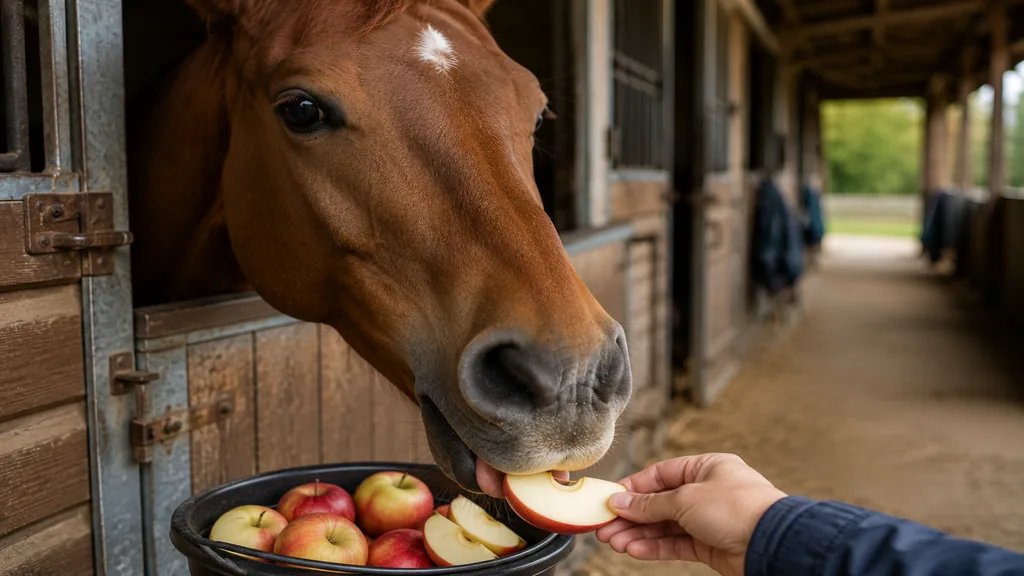 Cheval mangeant un quartier de pomme donné à la main dans une écurie.