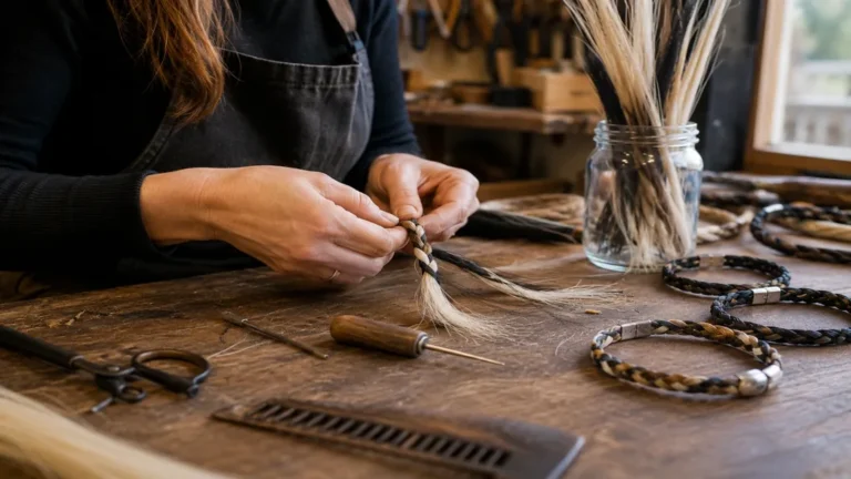 Artisan tressant du crin de cheval pour fabriquer un bracelet personnalisé dans un atelier.