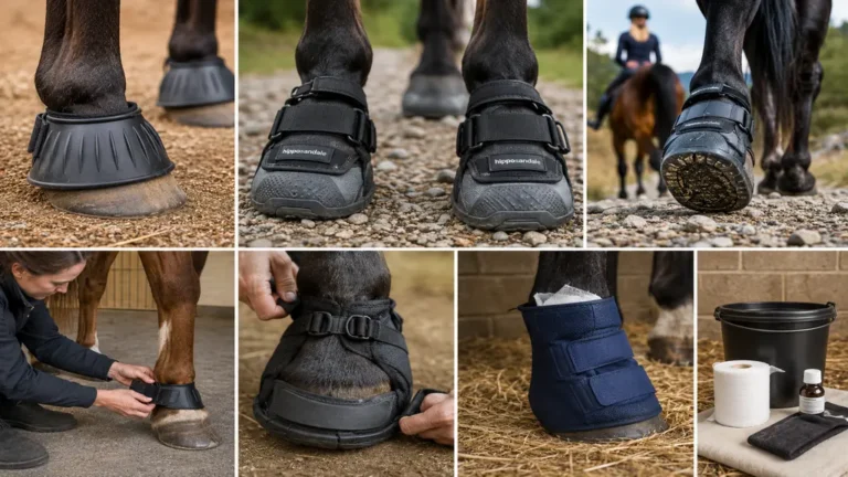 Protections de sabot pour cheval avec cloche, hipposandale et botte de soin utilisées selon les besoins du pied.