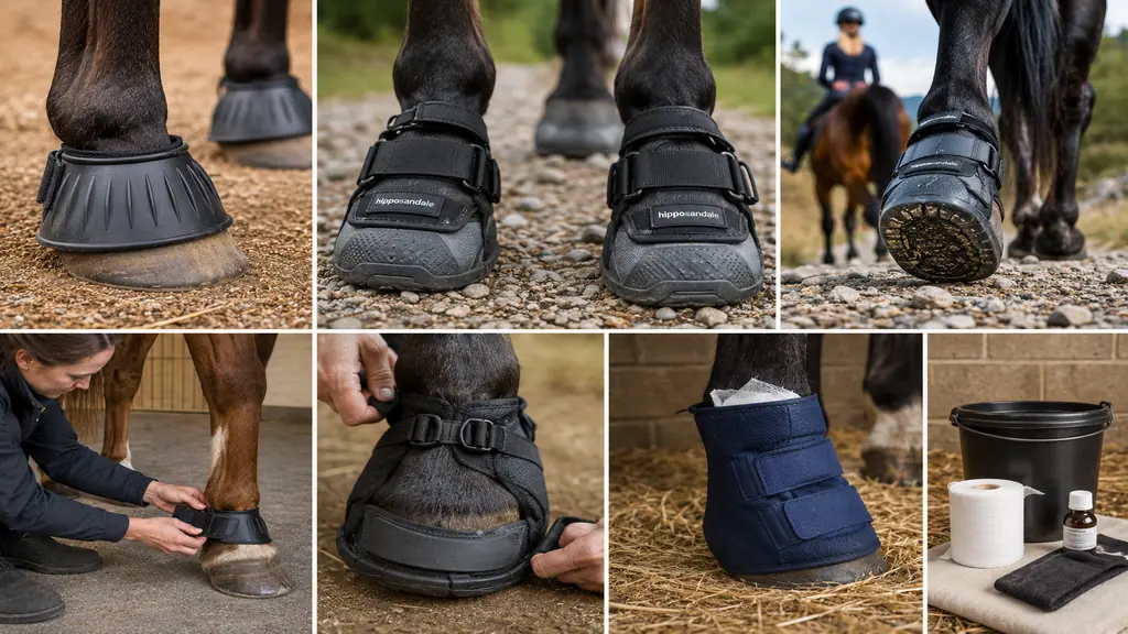Protections de sabot pour cheval avec cloche, hipposandale et botte de soin utilisées selon les besoins du pied.