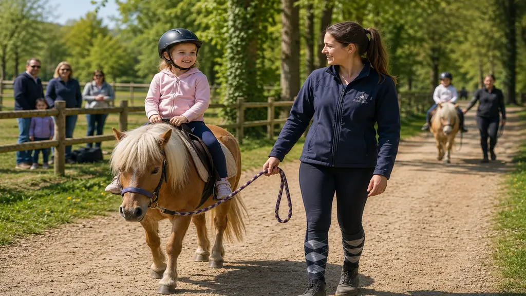 Enfant faisant une balade à poney tenue en main par une monitrice sur un chemin sécurisé en pleine nature.