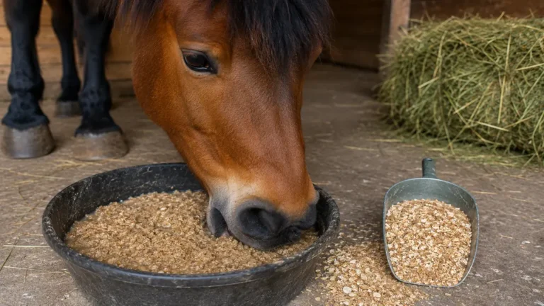 Cheval mangeant un mash humide au son de blé dans une écurie avec foin en arrière-plan.