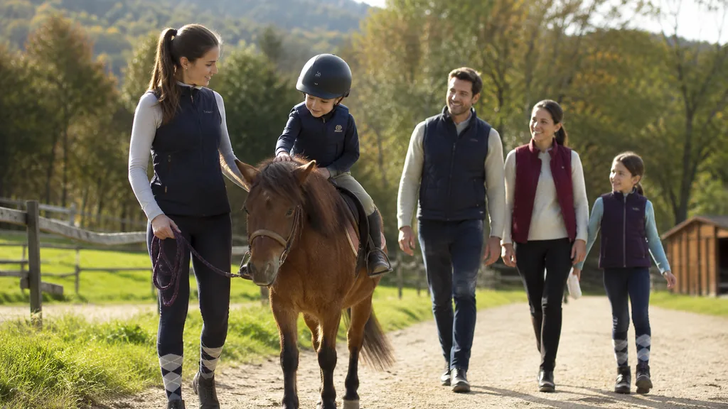 Famille profitant d’une balade nature avec un enfant à poney encadré par une monitrice équestre.