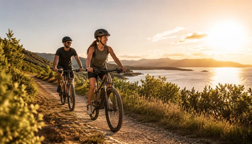Deux personnes à vélo sur un sentier en bord de mer au coucher du soleil, illustrant le sport et les loisirs en plein air.