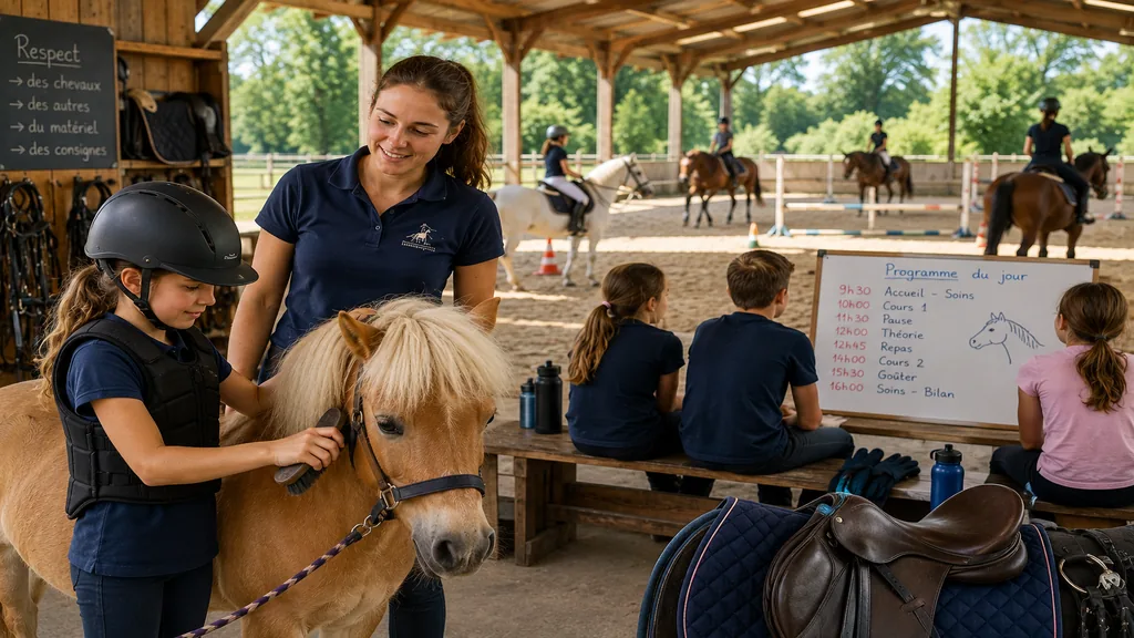Enfant préparant un poney pendant un stage d’équitation vacances avec monitrice et cavaliers en arrière-plan.