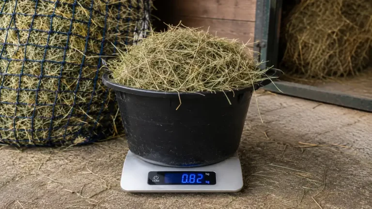 Seau rempli de foin posé sur une balance dans une écurie pour convertir le volume de foin en kilos.