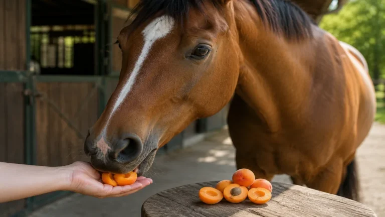 Cheval mangeant un morceau d’abricot dénoyauté donné à la main près d’une écurie.