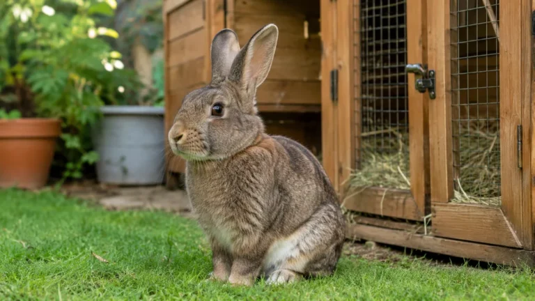 Lapin adulte dans un enclos extérieur pour illustrer la conversion de son âge en âge humain