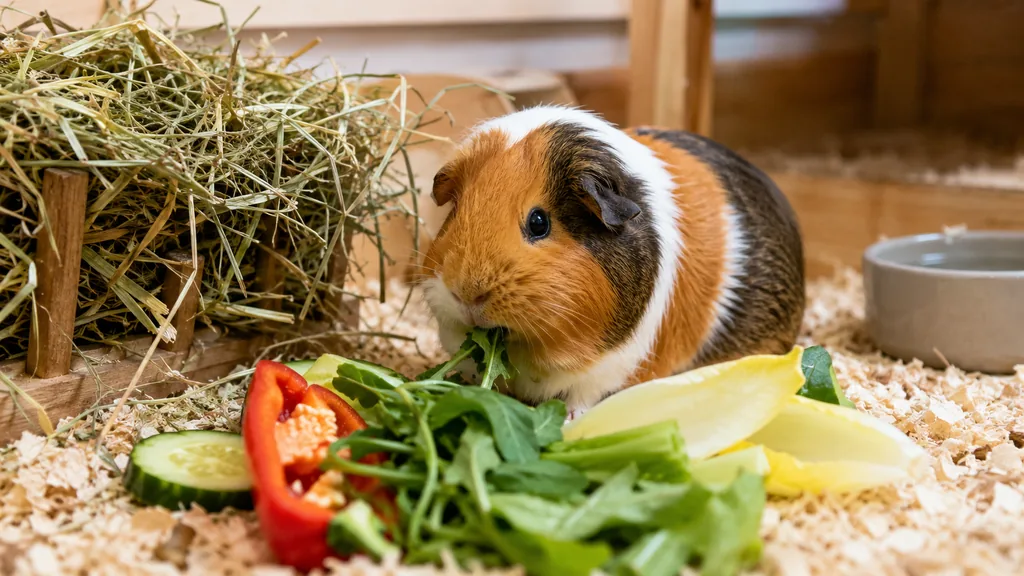 Cochon d’Inde mangeant du foin et des légumes frais dans un habitat intérieur propre