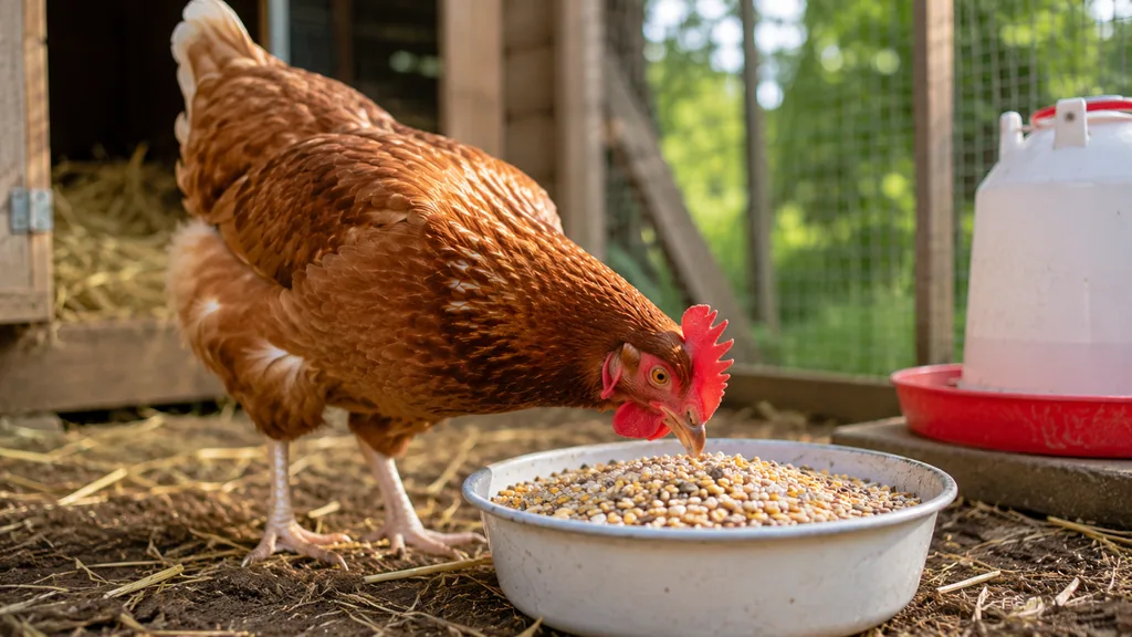 Poule pondeuse rousse mangeant une ration équilibrée de graines dans un poulailler avec abreuvoir