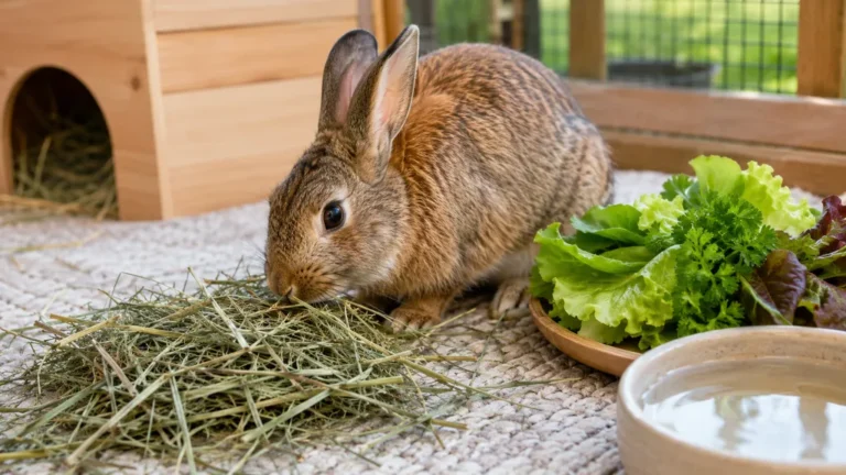 Lapin mangeant du foin avec de la verdure fraîche et de l’eau à proximité