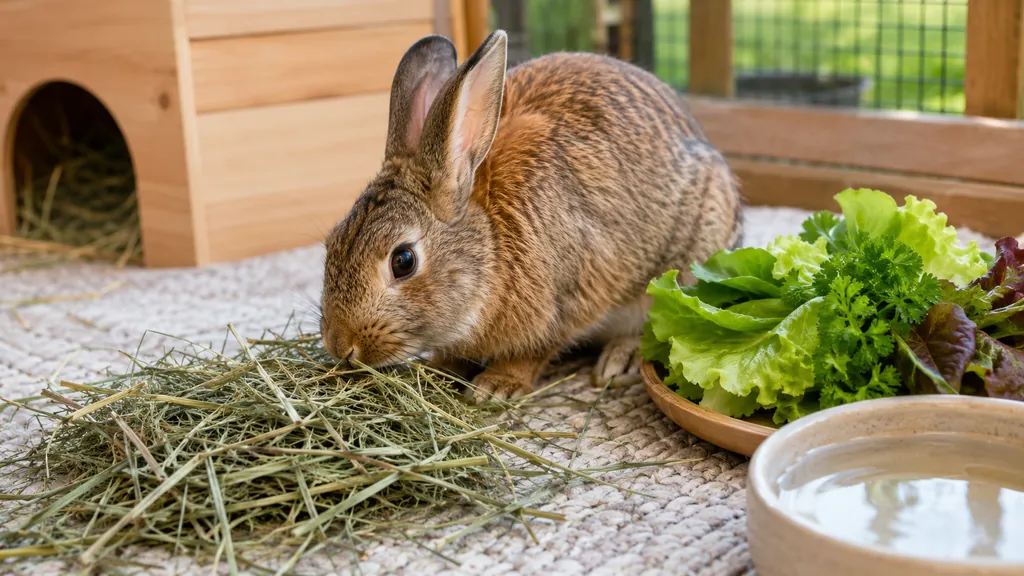 Lapin mangeant du foin avec de la verdure fraîche et de l’eau à proximité