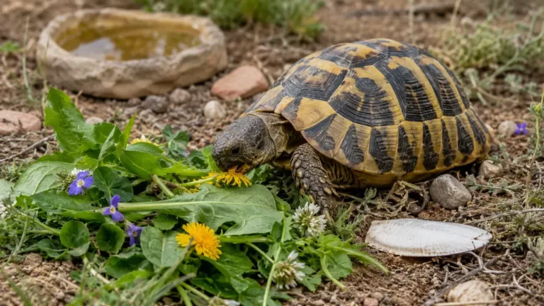 Tortue Hermann mangeant des plantes sauvages et des feuilles vertes dans un enclos naturel