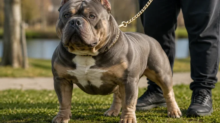 American Bully XXL Extreme musclé tenu en laisse dans un parc