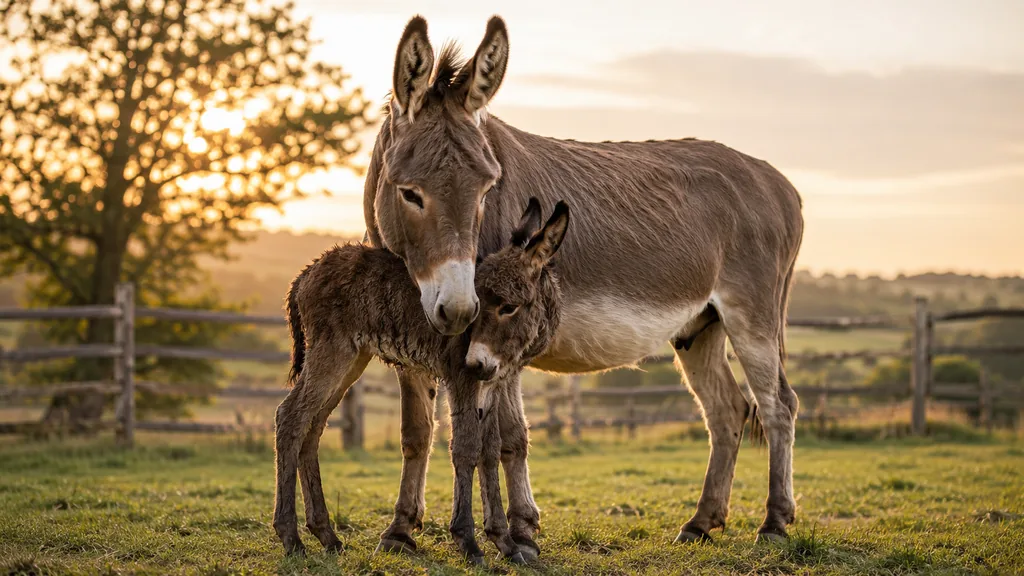 Ânesse adulte avec son ânon dans un pré au coucher du soleil