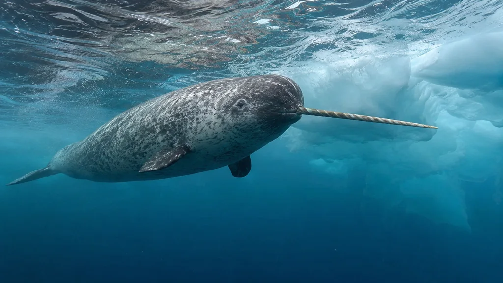 Narval nageant sous la glace arctique pour illustrer les animaux en N