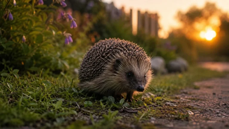 Hérisson avançant dans un jardin au coucher du soleil parmi les animaux en H