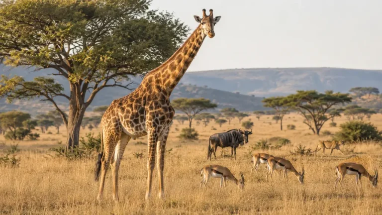 Girafe, gazelles et gnou dans une savane africaine pour illustrer les animaux en G