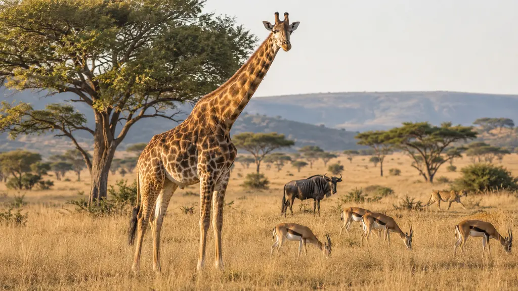 Girafe, gazelles et gnou dans une savane africaine pour illustrer les animaux en G