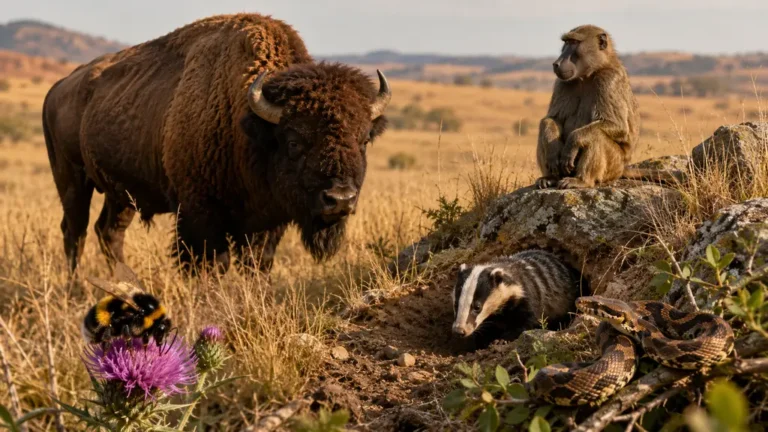 Bison, babouin, blaireau, boa et bourdon dans une scène naturelle pour illustrer les animaux en B