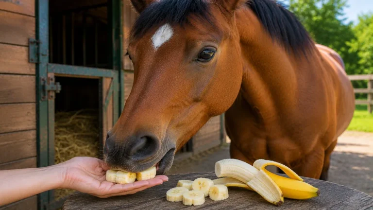 Cheval mangeant des morceaux de banane donnés à la main près d’une écurie.