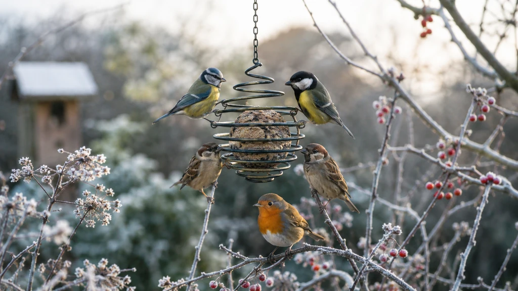Oiseaux du jardin mangeant une boule de graisse sans filet dans une mangeoire métallique en hiver
