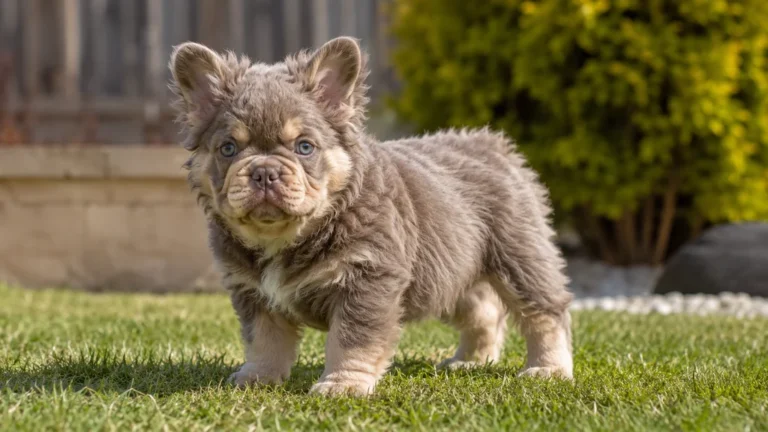 Bouledogue fluffy au poil long dans un jardin lumineux