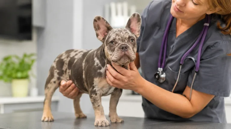 Bouledogue français exotique examiné par une vétérinaire dans une clinique