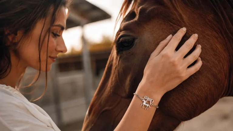 Bracelet cheval porté par une cavalière caressant son cheval dans une écurie