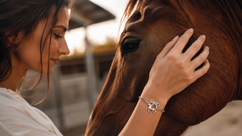 Bracelet cheval porté par une cavalière caressant son cheval dans une écurie