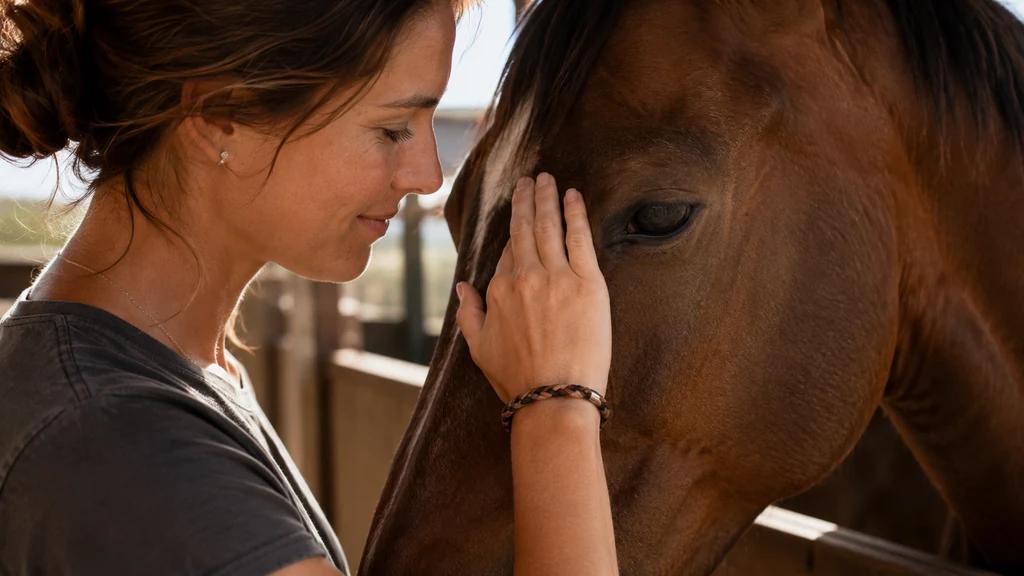 Bracelet en crin de cheval porté par une cavalière caressant son cheval