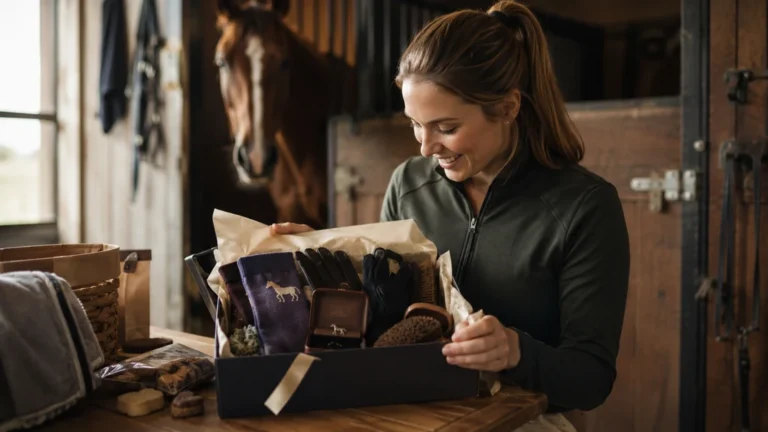 Cavalière souriante ouvrant un coffret cadeau équestre dans une écurie