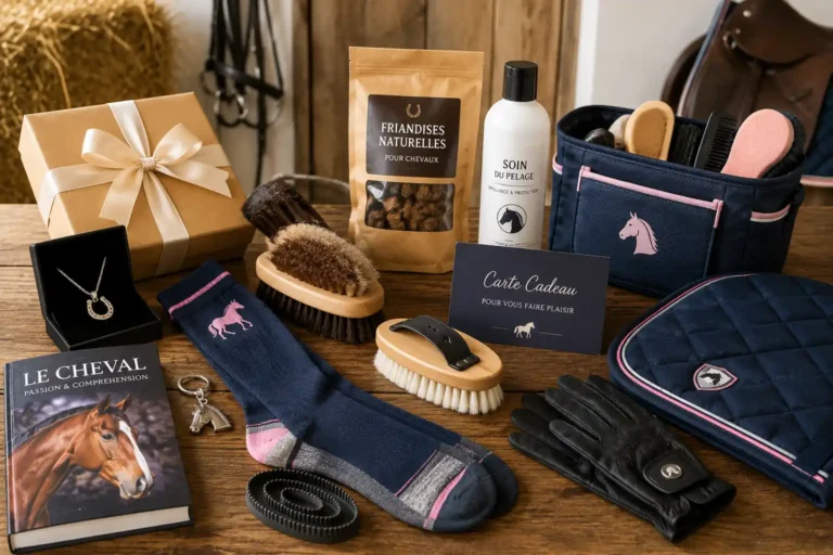 Idées de cadeaux équitation avec accessoires de pansage, gants, chaussettes et friandises pour cheval