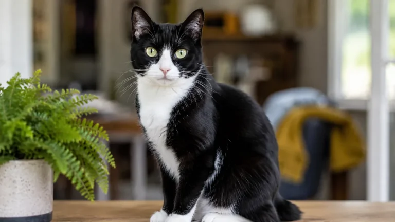Chat noir et blanc assis dans un intérieur lumineux avec une robe bicolore bien visible